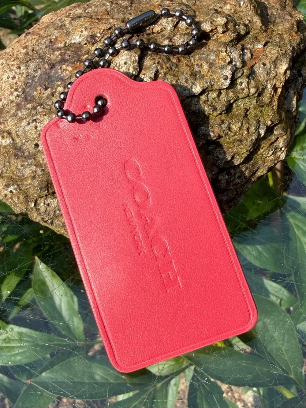 Coach Large Leather Hangtag with Ji & Tea Rose Print, 1 3/4” (L) × 3” (H)